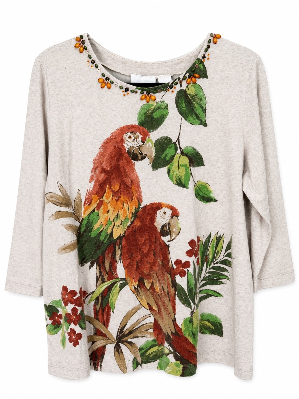 Alfred Dunner Parrot Tropical Embellished Bead Top 3/4 Sleeve Novelty Bird Tee L